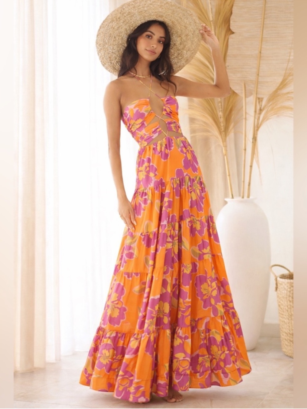 RUNAWAY THE LABEL Orchid Maxi Dress Orange Tropical Resort Dress Size XS / 02